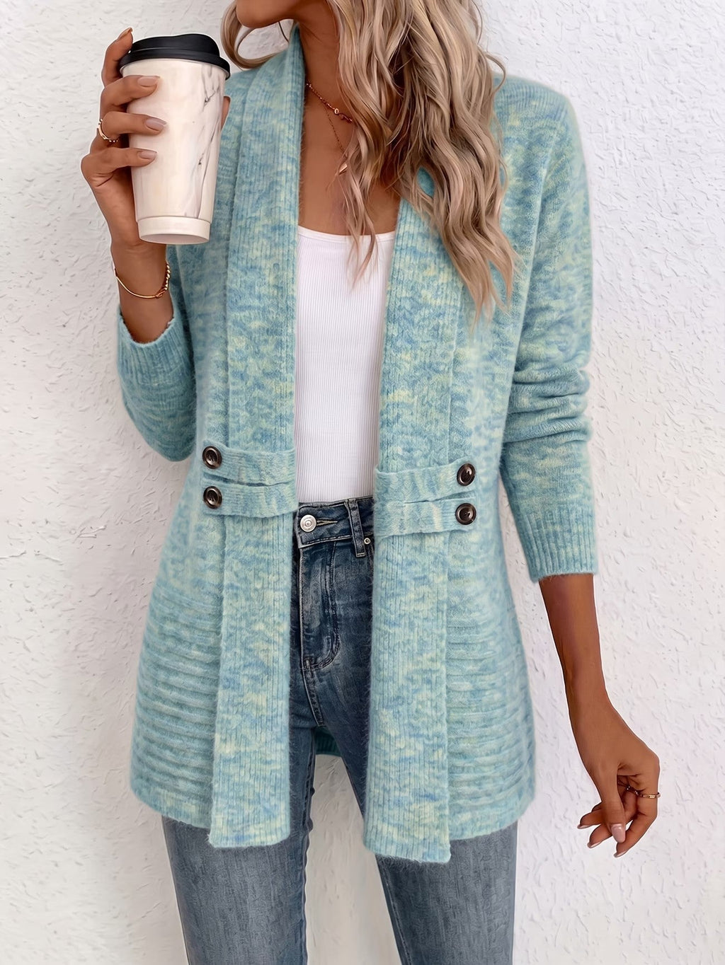 Beverly | Aqua Ribbed Knit Button-Tab Cardigan