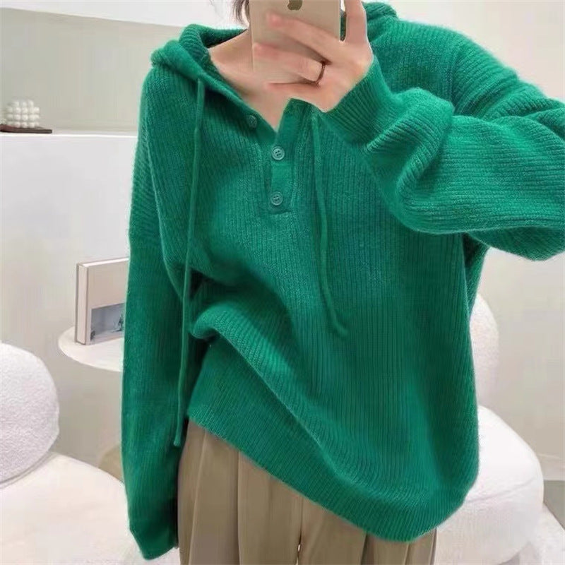 Roberta | Women's Hooded Rib-Knit Sweater – Relaxed Button-Neck Pullover for Cosy Everyday Layering