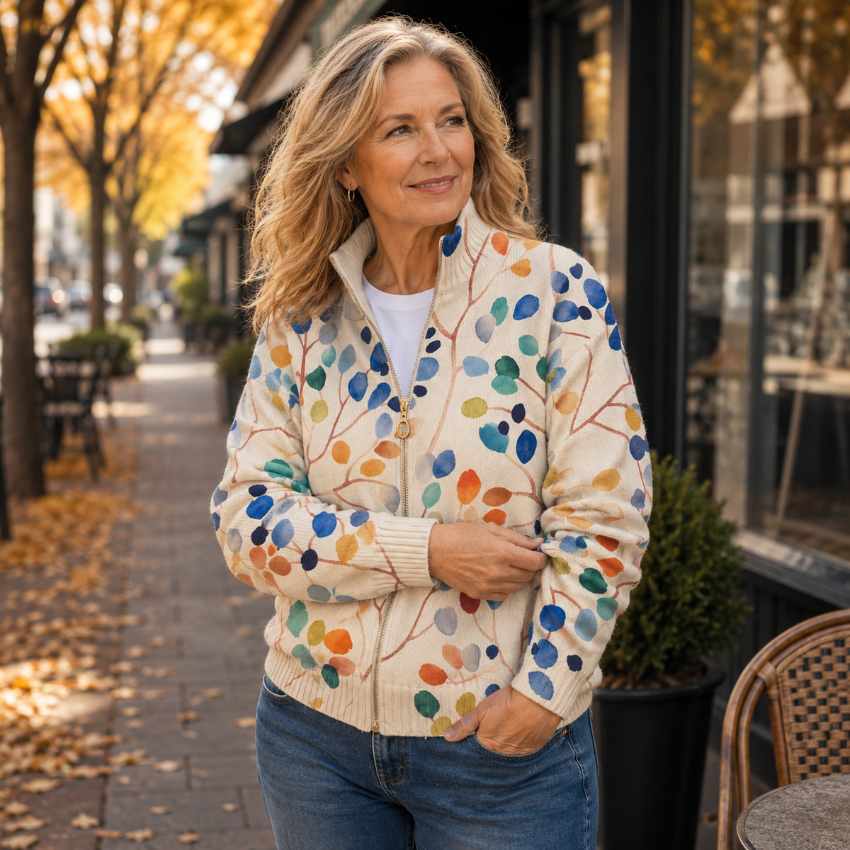 Esther | Botanical Leaf Print Zip Cardigan