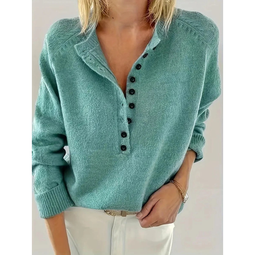 Marilyn | Women's V-Neck Knit Sweater – Relaxed Button-Neck Style for Everyday Wear