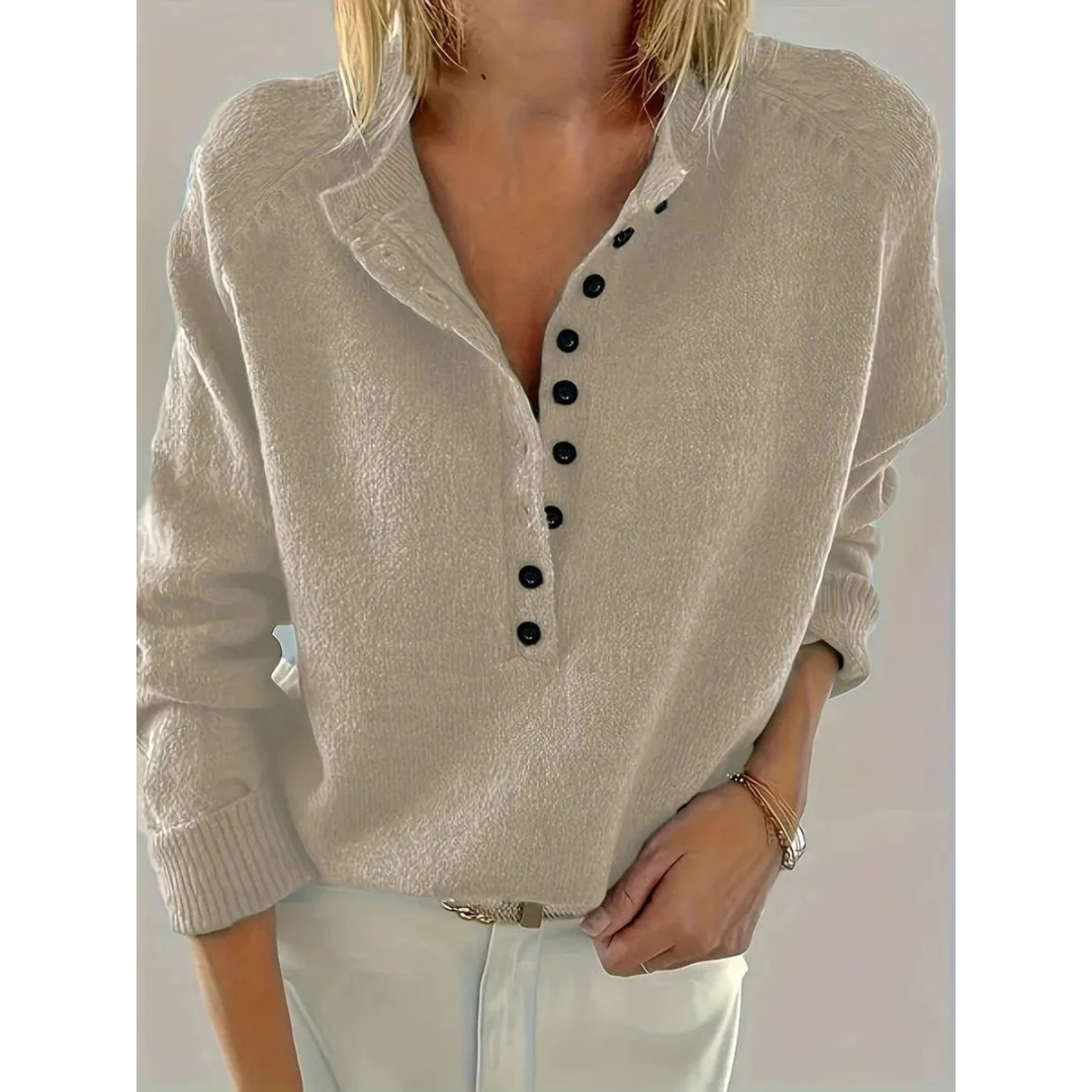 Marilyn | Women's V-Neck Knit Sweater – Relaxed Button-Neck Style for Everyday Wear