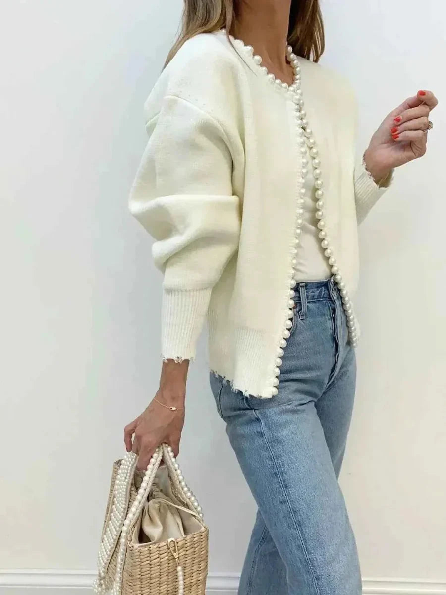 Hope | Women's Pearl-Trim Knit Cardigan – Relaxed Open-Front Sweater with Fringed Edges for Elegant Casual Layering
