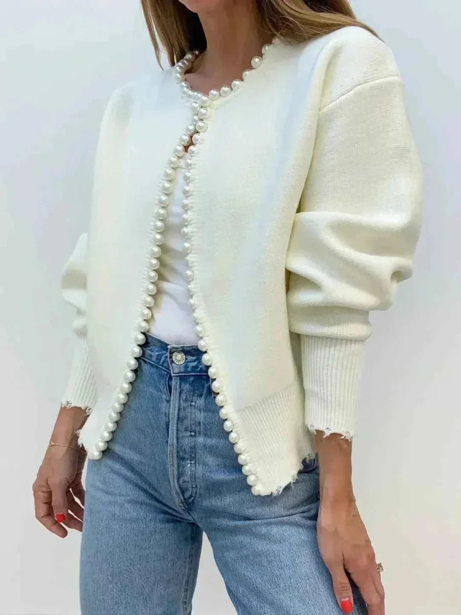 Hope | Women's Pearl-Trim Knit Cardigan – Relaxed Open-Front Sweater with Fringed Edges for Elegant Casual Layering