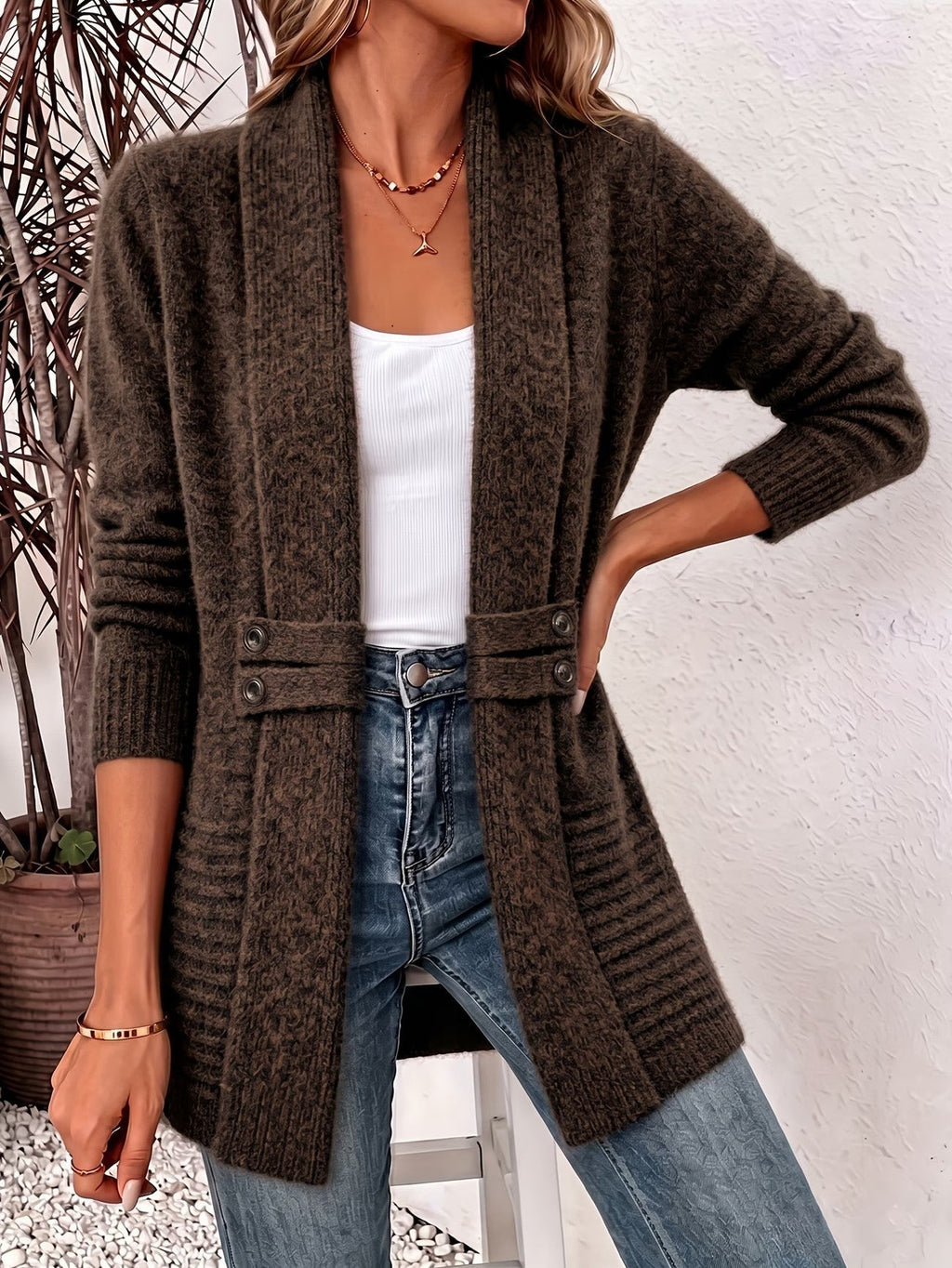 Jane | Chocolate Ribbed Knit Button-Tab Cardigan