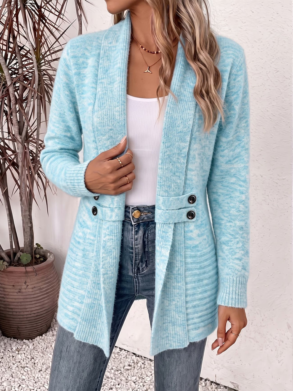 Beverly | Aqua Ribbed Knit Button-Tab Cardigan