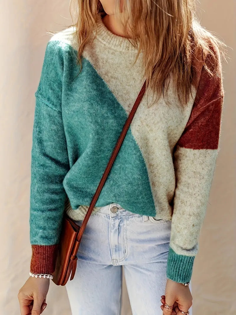 Diana | Women's Colour-Block Crew-Neck Knitted Sweater – Relaxed Long-Sleeve Style for Casual Autumn Winter and Everyday Wear