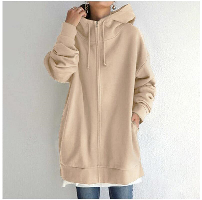 Eileen | Women's Oversized Longline Zip-Up Hoodie – Relaxed Hooded Sweatshirt Jacket with Pockets for Casual Autumn and Winter Layering