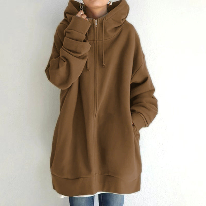 Eileen | Women's Oversized Longline Zip-Up Hoodie – Relaxed Hooded Sweatshirt Jacket with Pockets for Casual Autumn and Winter Layering