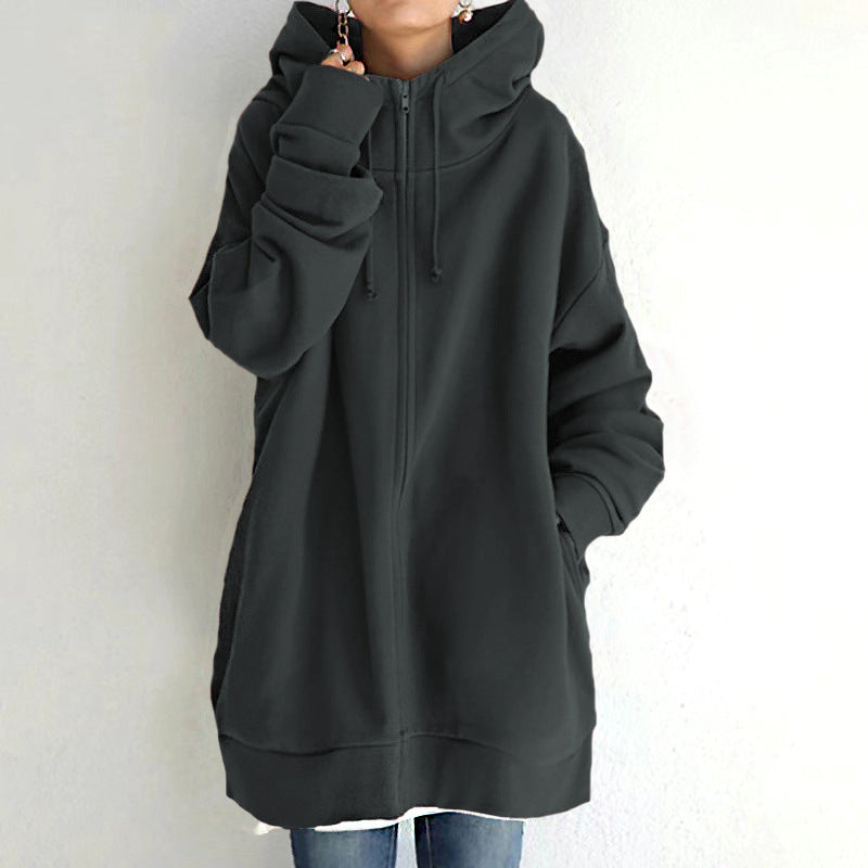 Eileen | Women's Oversized Longline Zip-Up Hoodie – Relaxed Hooded Sweatshirt Jacket with Pockets for Casual Autumn and Winter Layering