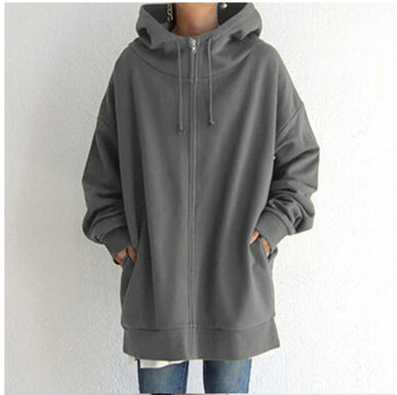 Eileen | Women's Oversized Longline Zip-Up Hoodie – Relaxed Hooded Sweatshirt Jacket with Pockets for Casual Autumn and Winter Layering