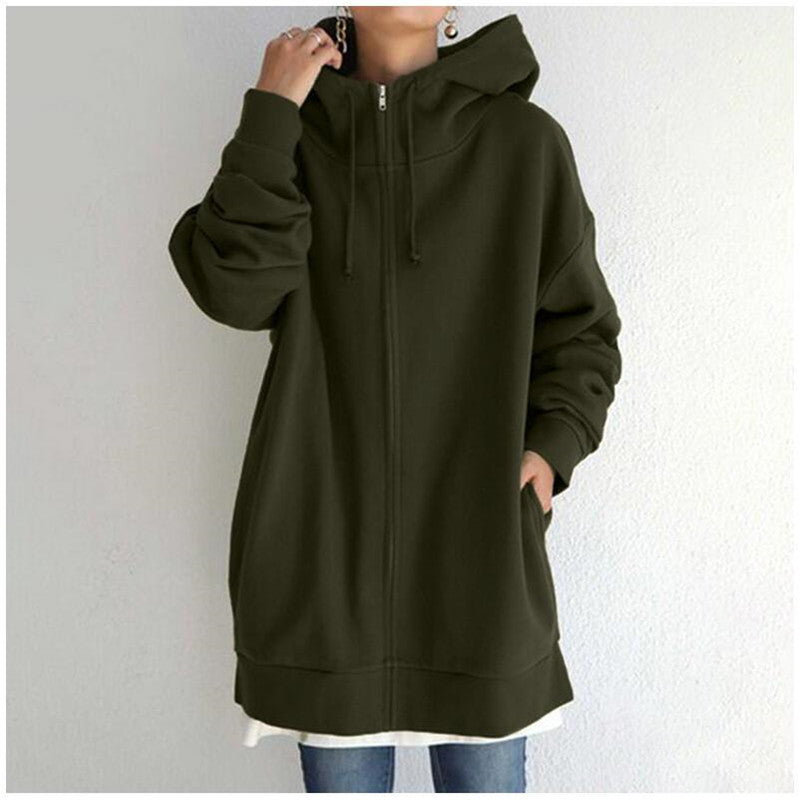 Eileen | Women's Oversized Longline Zip-Up Hoodie – Relaxed Hooded Sweatshirt Jacket with Pockets for Casual Autumn and Winter Layering