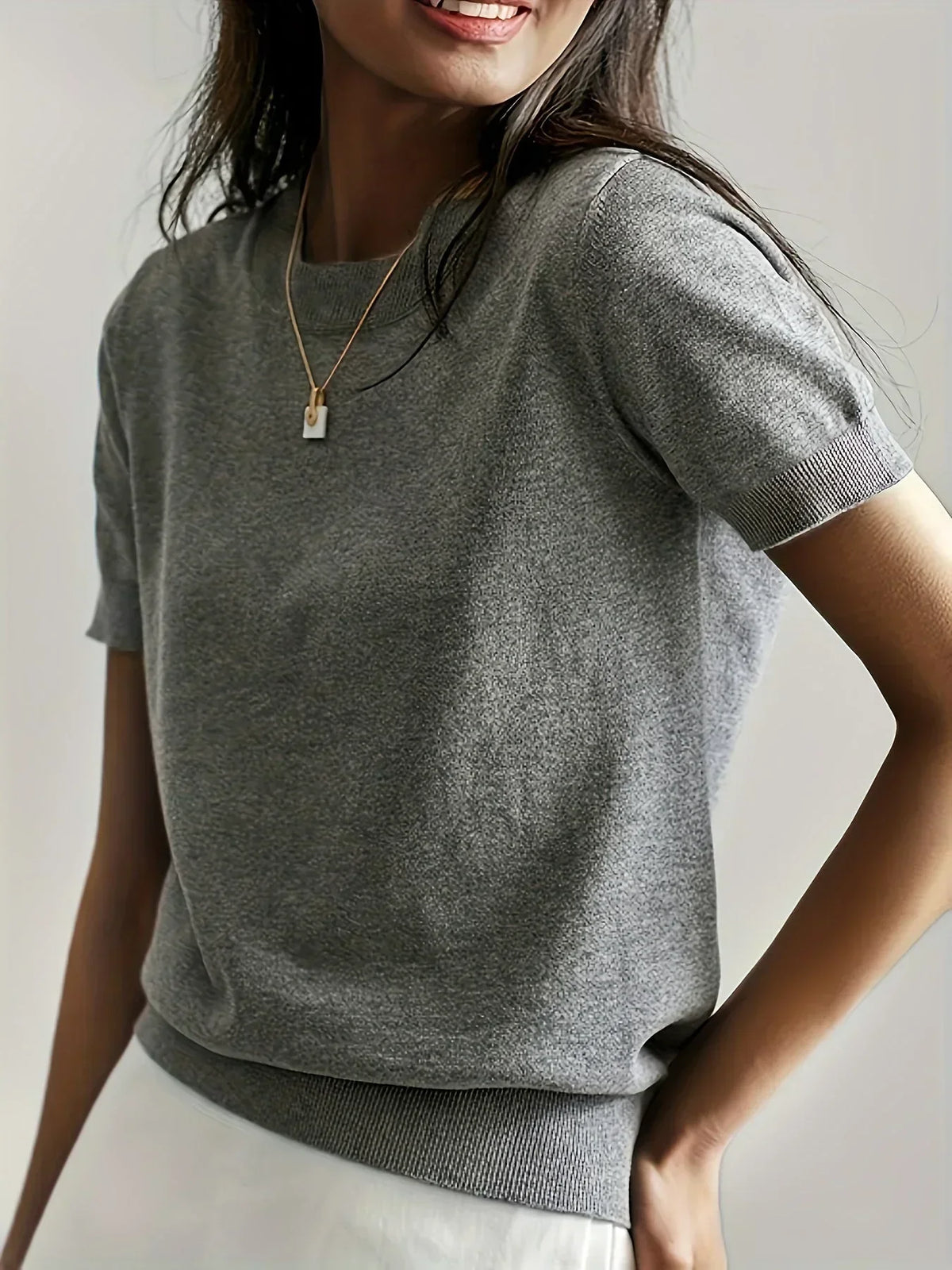 Sharon | Women's Fine Knit Sweater with Short Sleeves and Ribbed Trim