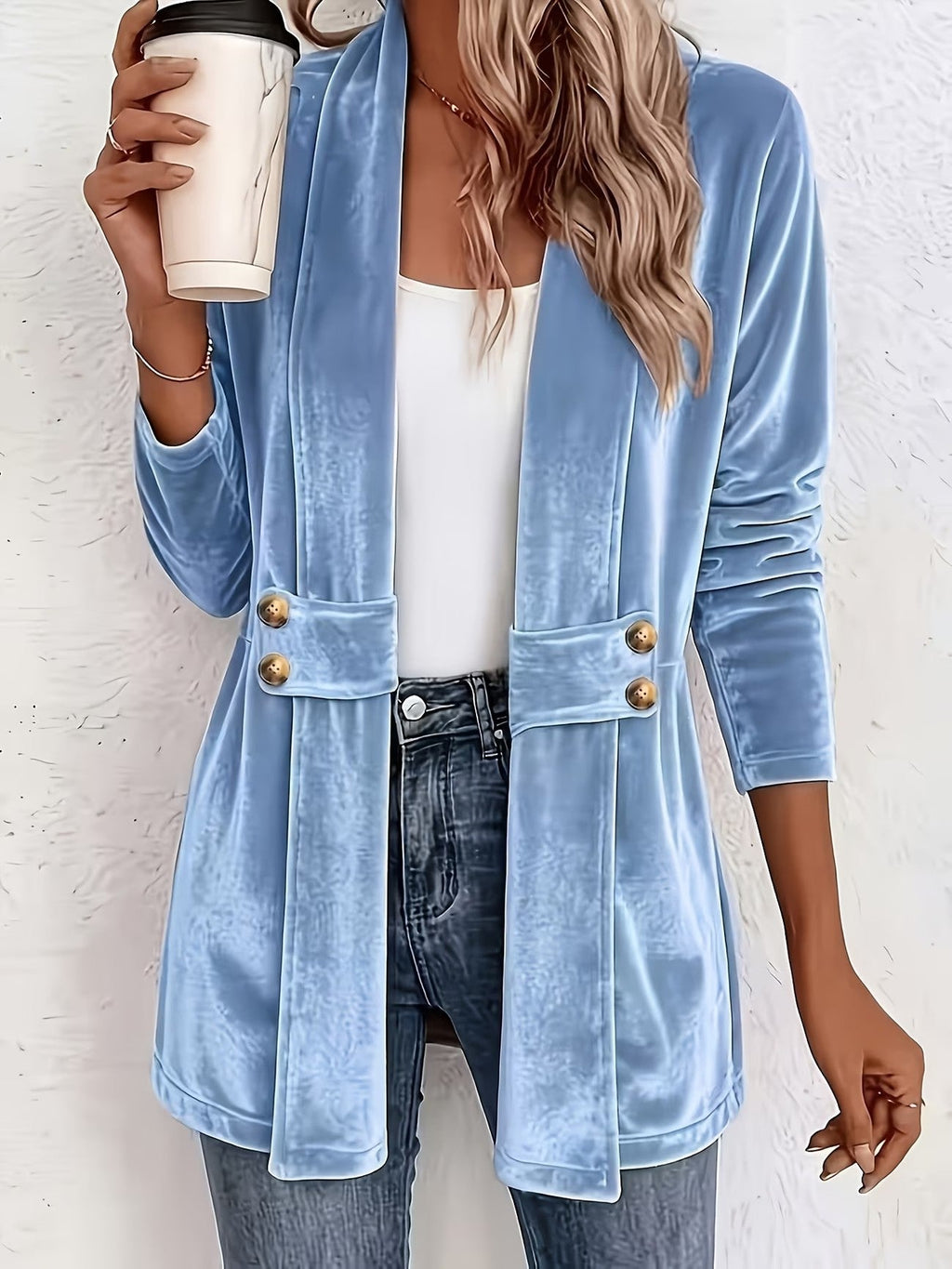 Maxine | Sky Blue Velvet Button-Tab Cardigan