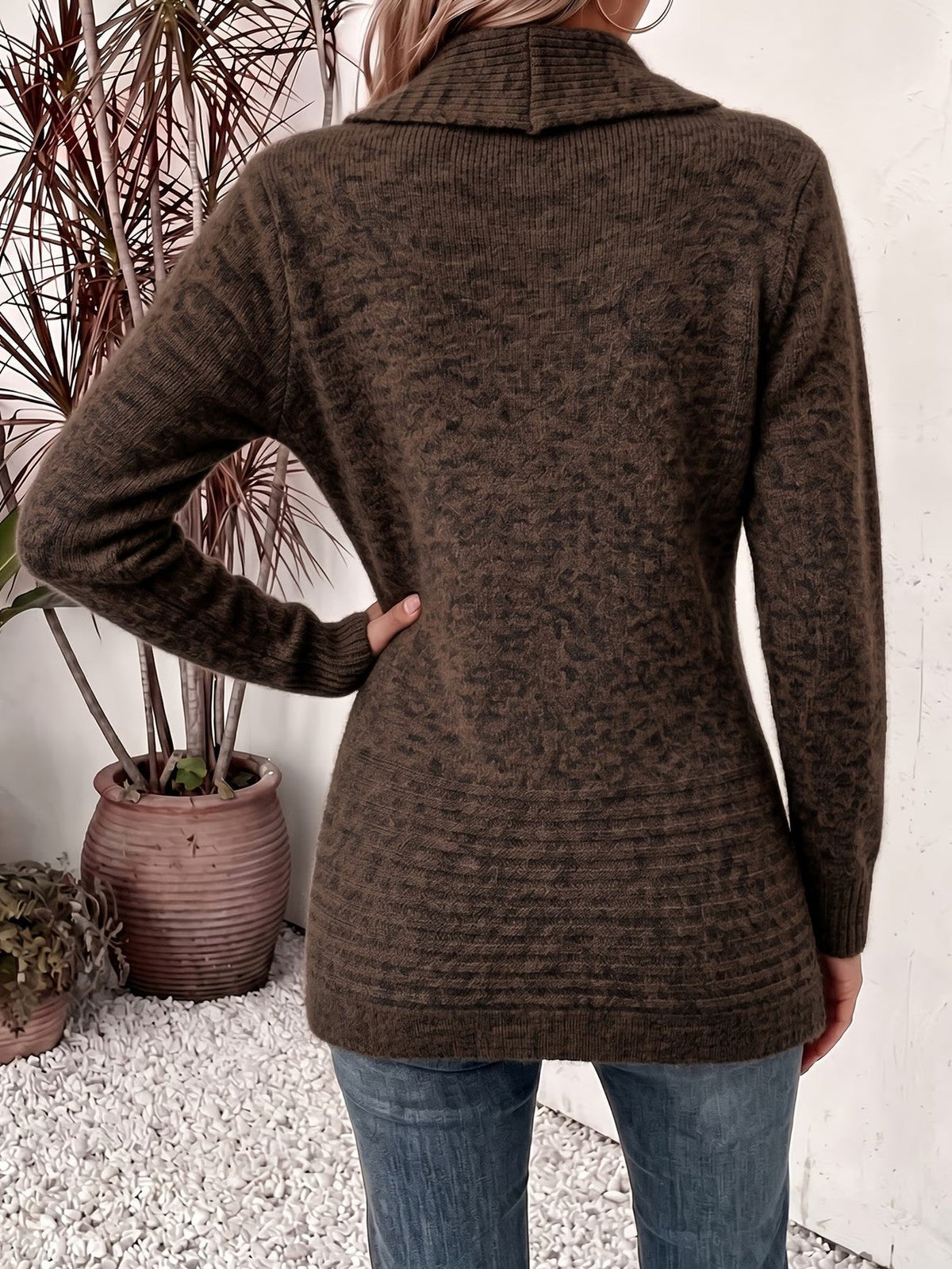 Jane | Chocolate Ribbed Knit Button-Tab Cardigan