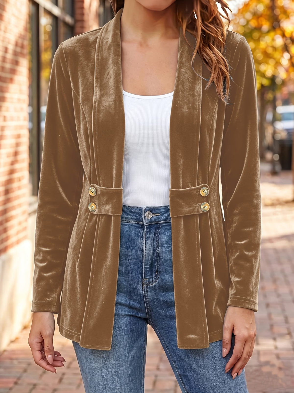Janet | Camel Velvet Button-Tab Cardigan