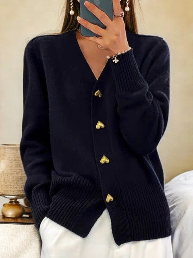 Brenda | Women's Heart-Button V-Neck Cardigan – Soft Relaxed Knit for Office and Weekend Wear