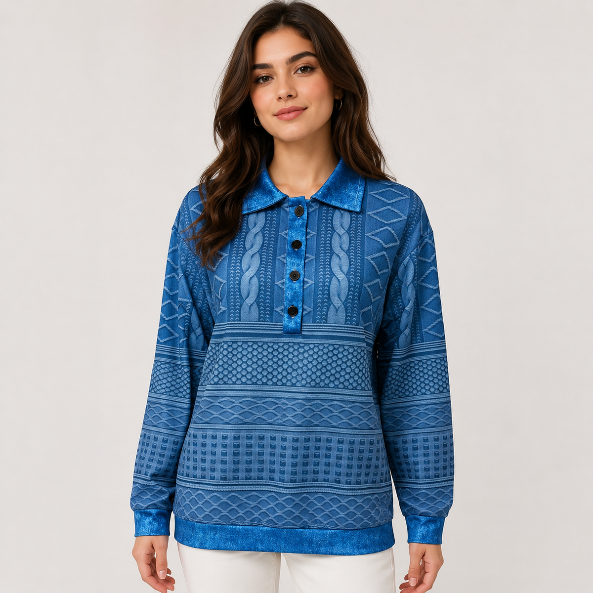 Joanne | Women's Textured Button-Neck Sweater – Relaxed Long-Sleeve Style for Everyday Wear