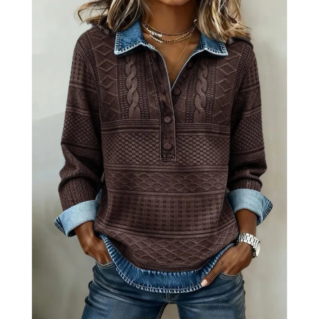 Joanne | Women's Textured Button-Neck Sweater – Relaxed Long-Sleeve Style for Everyday Wear