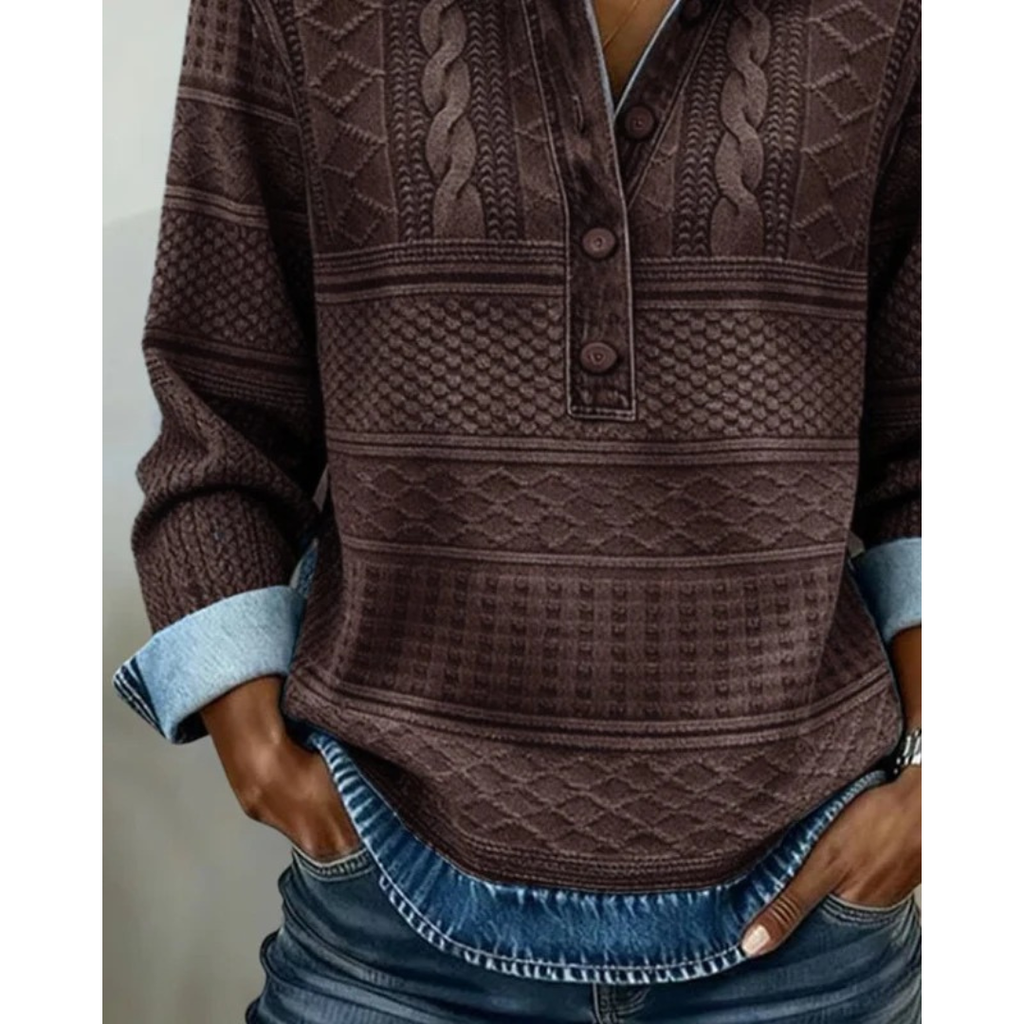 Joanne | Women's Textured Button-Neck Sweater – Relaxed Long-Sleeve Style for Everyday Wear