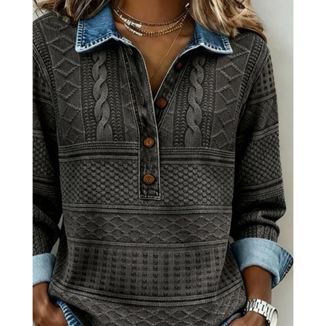 Joanne | Women's Textured Button-Neck Sweater – Relaxed Long-Sleeve Style for Everyday Wear