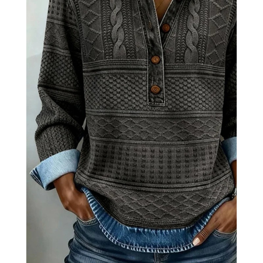 Joanne | Women's Textured Button-Neck Sweater – Relaxed Long-Sleeve Style for Everyday Wear