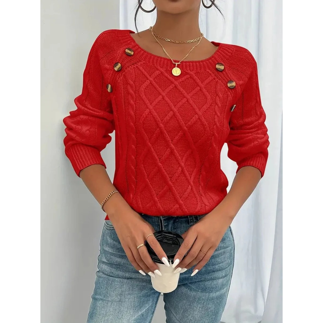 Bridget | Women's Cable Knit Sweater – Button Detail Long-Sleeve Style for Autumn and Winter Wear