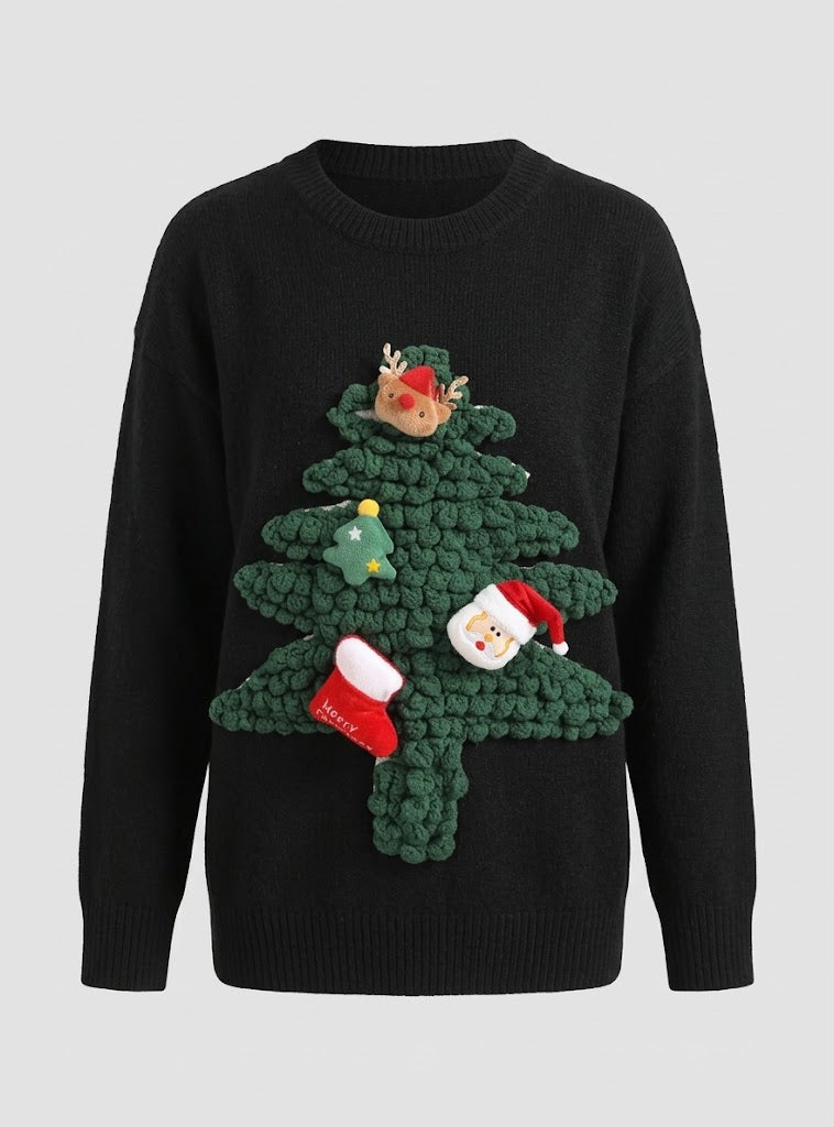 Judith | Women's 3D Christmas Tree Knit Sweater – Festive Crew-Neck Pullover with Textured Appliqué