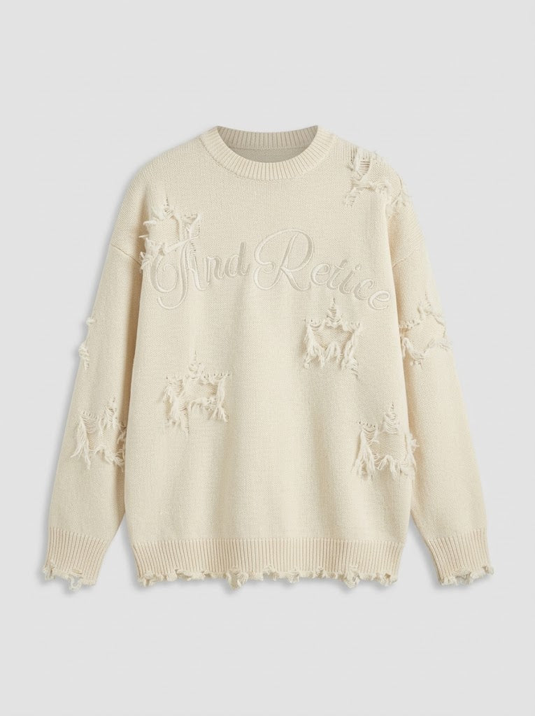 Vanessa | Women's Distressed Embroidered Knit Sweater – Oversized Pullover with Frayed Details