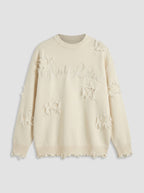Vanessa | Women's Distressed Embroidered Knit Sweater – Oversized Pullover with Frayed Details