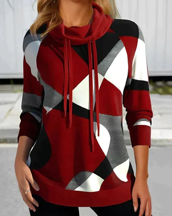 Autumn | Women's Abstract Colour-Block Cowl-Neck Sweatshirt – Relaxed Pullover for Stylish Everyday Wear