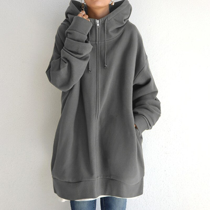 Sophia | Women's Oversized Zip-Up Hoodie – Longline Relaxed Sweatshirt Layer with Drawstring Hood for Everyday Comfort