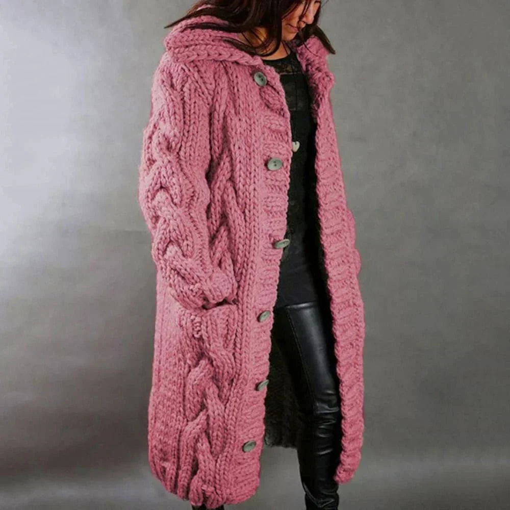 Vivienne | Women's Chunky Knit Long Cardigan – Warm Hooded Button-Up Layer for Winter