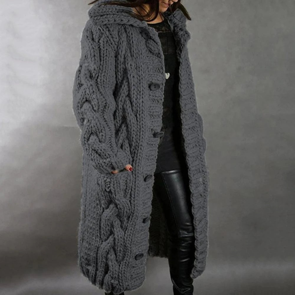 Jean | Women's Long Cable Knit Cardigan – Chunky Hooded Winter Layer with Pockets