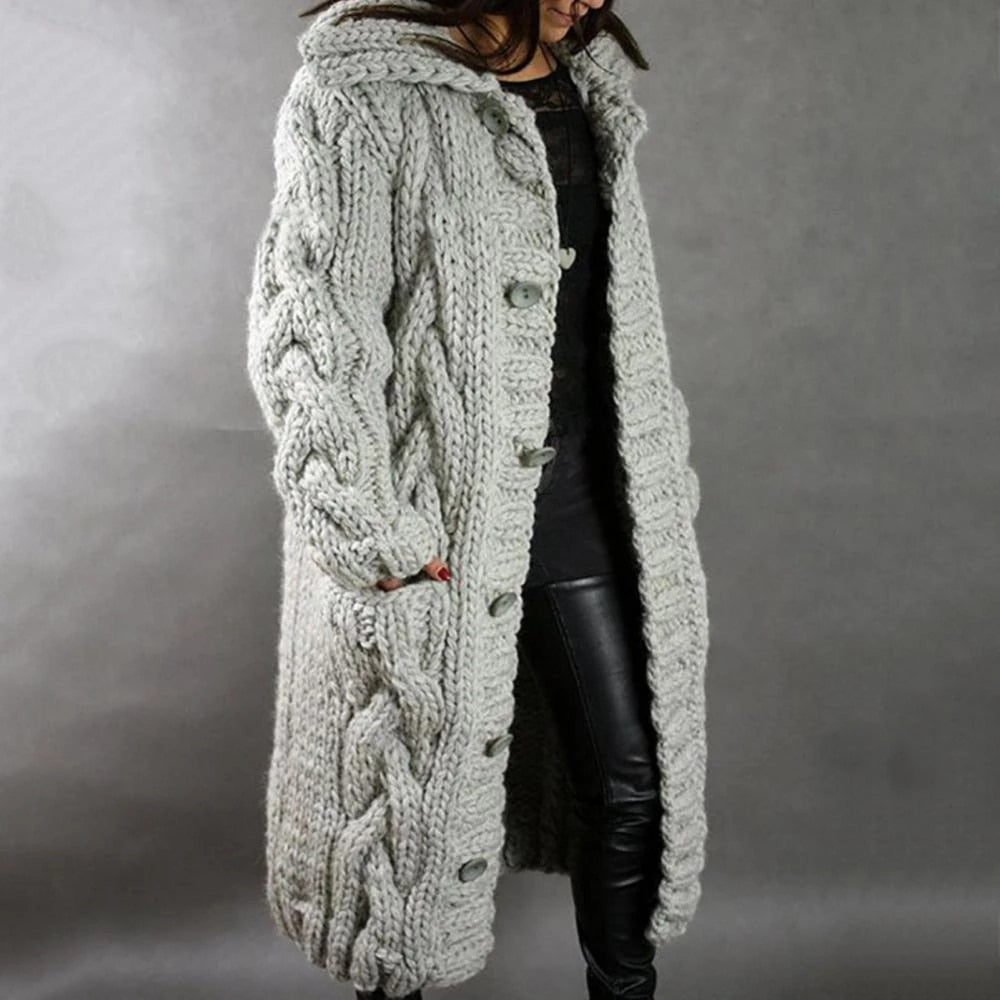 Vivienne | Women's Chunky Knit Long Cardigan – Warm Hooded Button-Up Layer for Winter