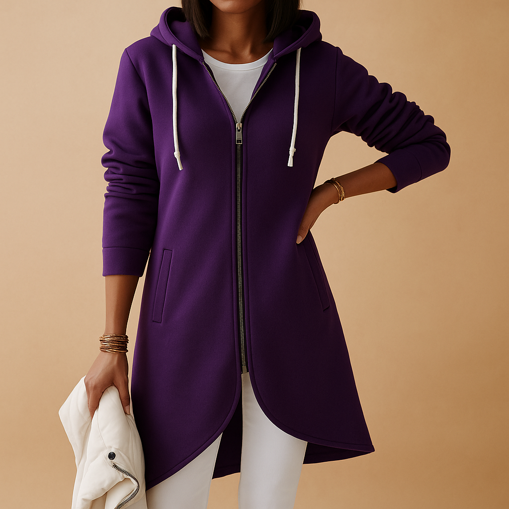 Hannah | Women's Longline Zip-Up Hoodie in Soft Cotton Blend – Curved Hem and Drawstring Hood for Relaxed Everyday Layering
