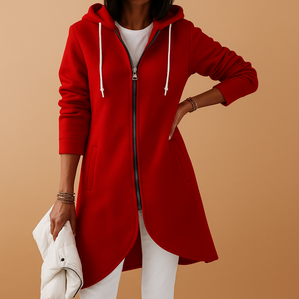 Hannah | Women's Longline Zip-Up Hoodie in Soft Cotton Blend – Curved Hem and Drawstring Hood for Relaxed Everyday Layering