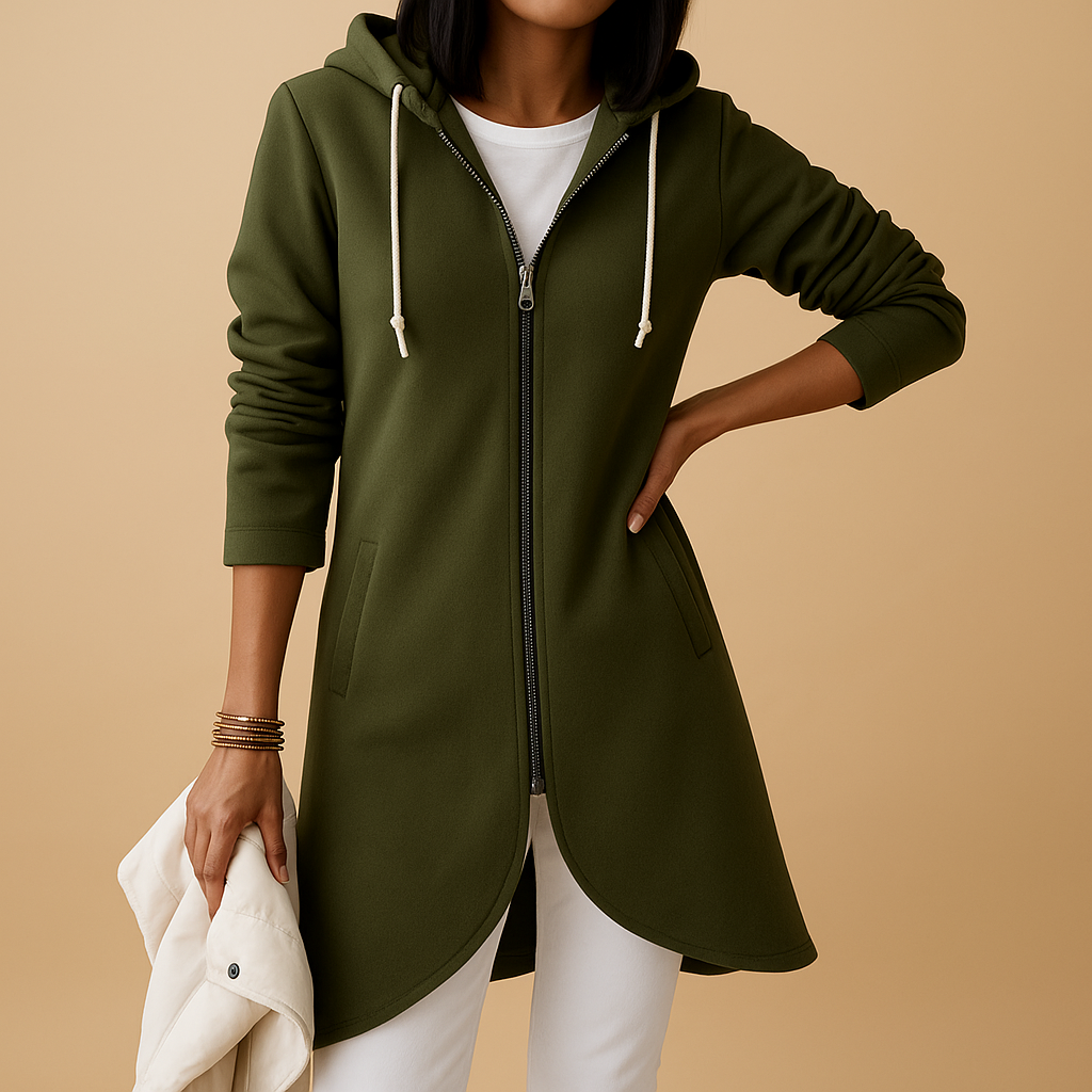 Hannah | Women's Longline Zip-Up Hoodie in Soft Cotton Blend – Curved Hem and Drawstring Hood for Relaxed Everyday Layering