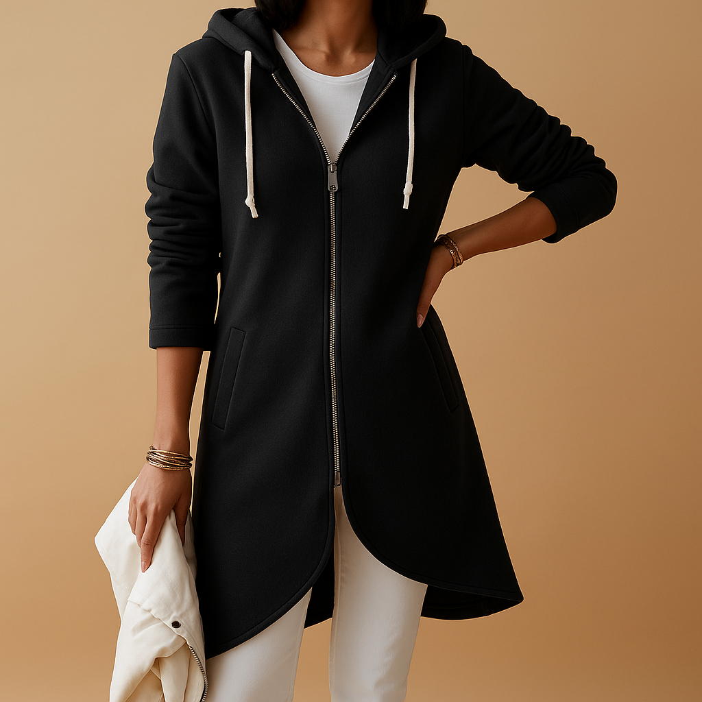 Hannah | Women's Longline Zip-Up Hoodie in Soft Cotton Blend – Curved Hem and Drawstring Hood for Relaxed Everyday Layering