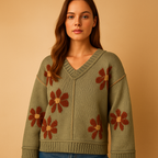 Mirabel | Women's Floral V-Neck Knitted Sweater – Relaxed Wide-Sleeve Style for Casual Winter Days and Layered Seasonal Outfits