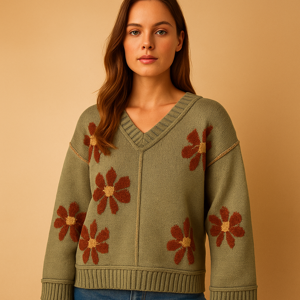 Mirabel | Women's Floral V-Neck Knitted Sweater – Relaxed Wide-Sleeve Style for Casual Winter Days and Layered Seasonal Outfits