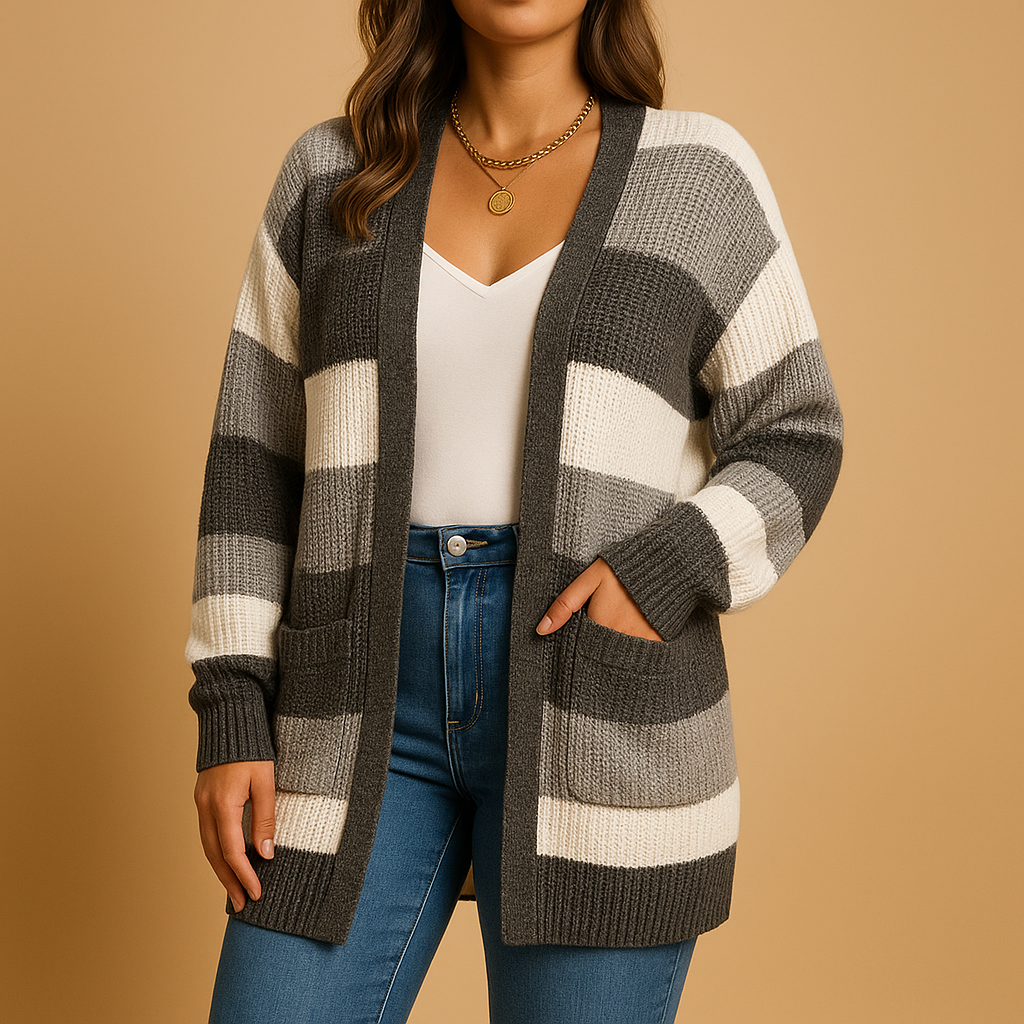 Beth | Women's Printed Longline Knitted Cardigan – Relaxed Open-Front Layer with Pockets for Autumn and Winter Wear