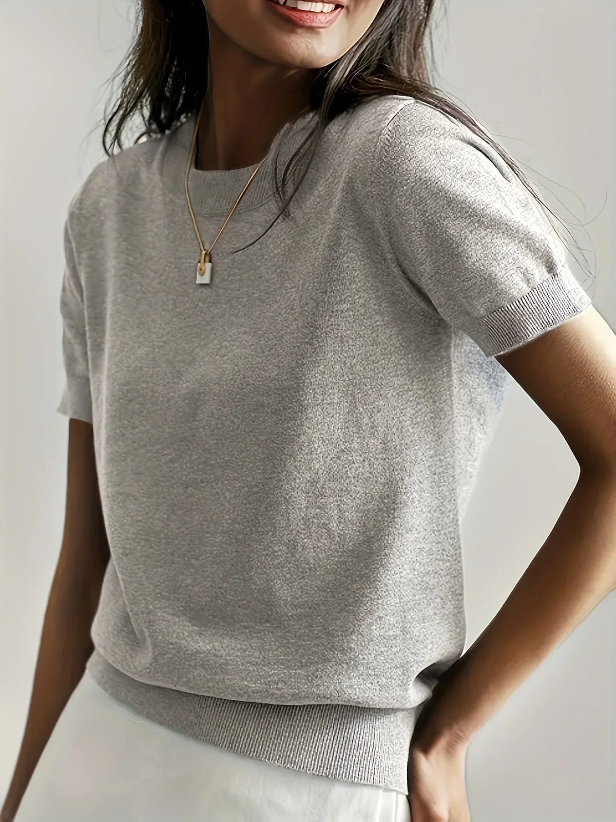 Sharon | Women's Fine Knit Sweater with Short Sleeves and Ribbed Trim