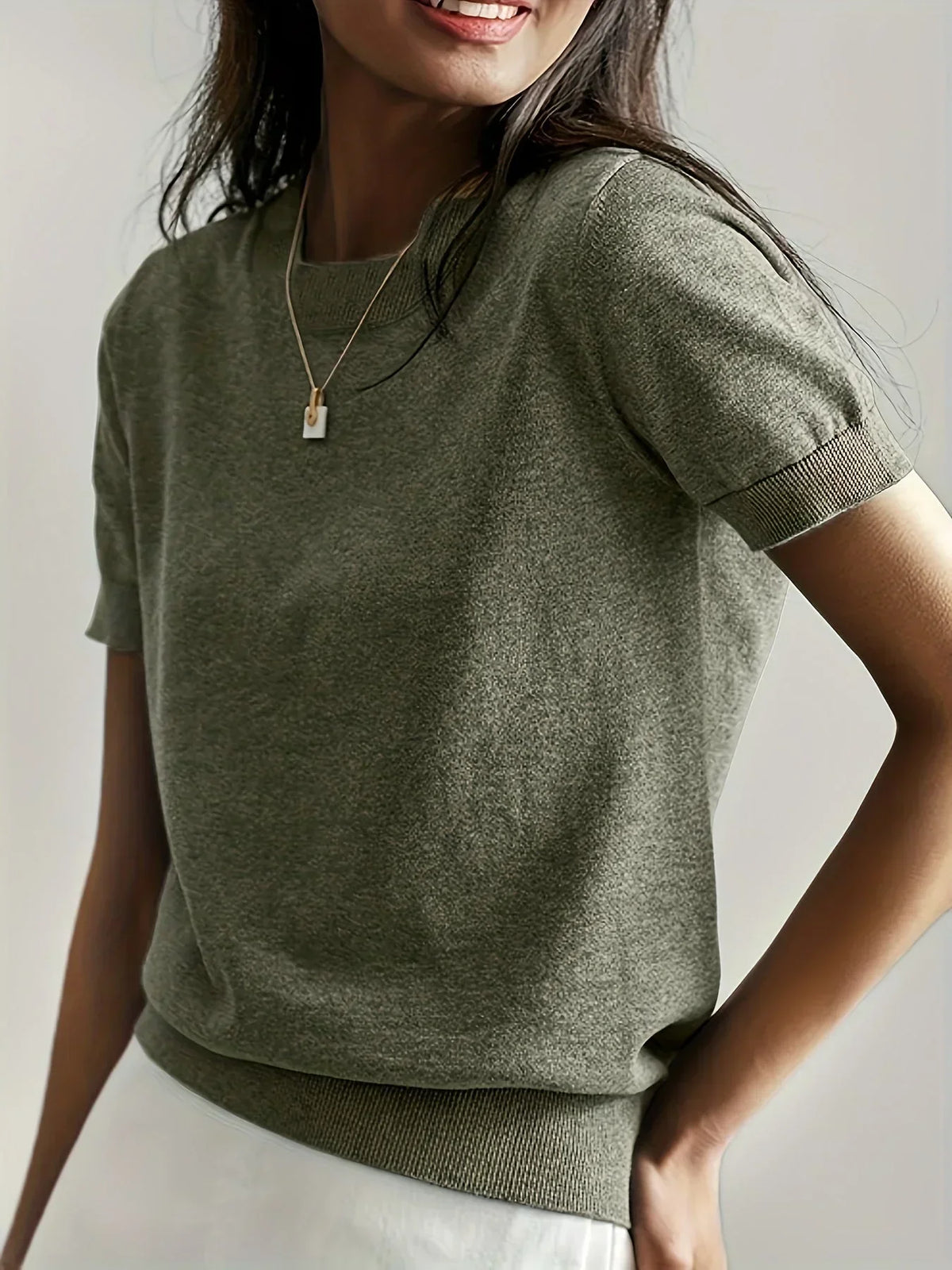 Sharon | Women's Fine Knit Sweater with Short Sleeves and Ribbed Trim