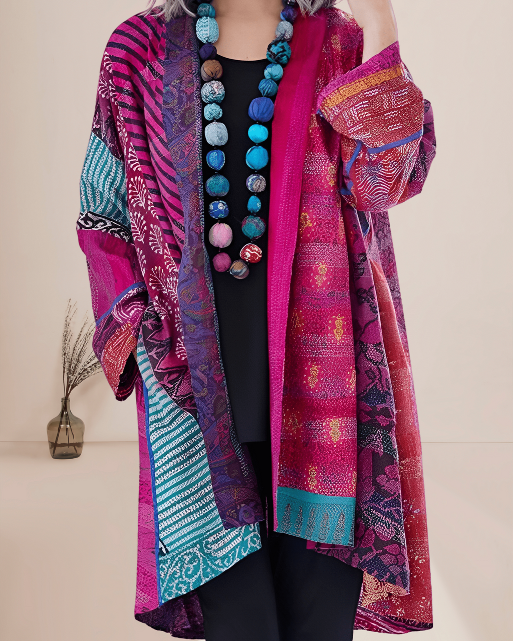 Hannah | Women's Longline Patchwork Kimono Cardigan – Open-Front Boho Layering Top for Casual Everyday Wear