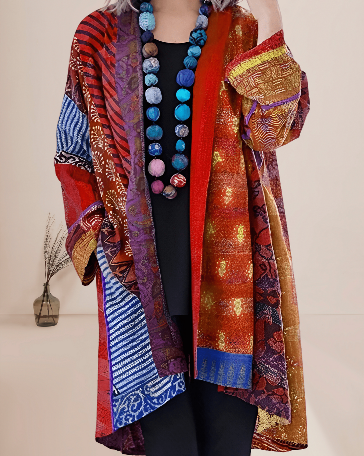 Hannah | Women's Longline Patchwork Kimono Cardigan – Open-Front Boho Layering Top for Casual Everyday Wear