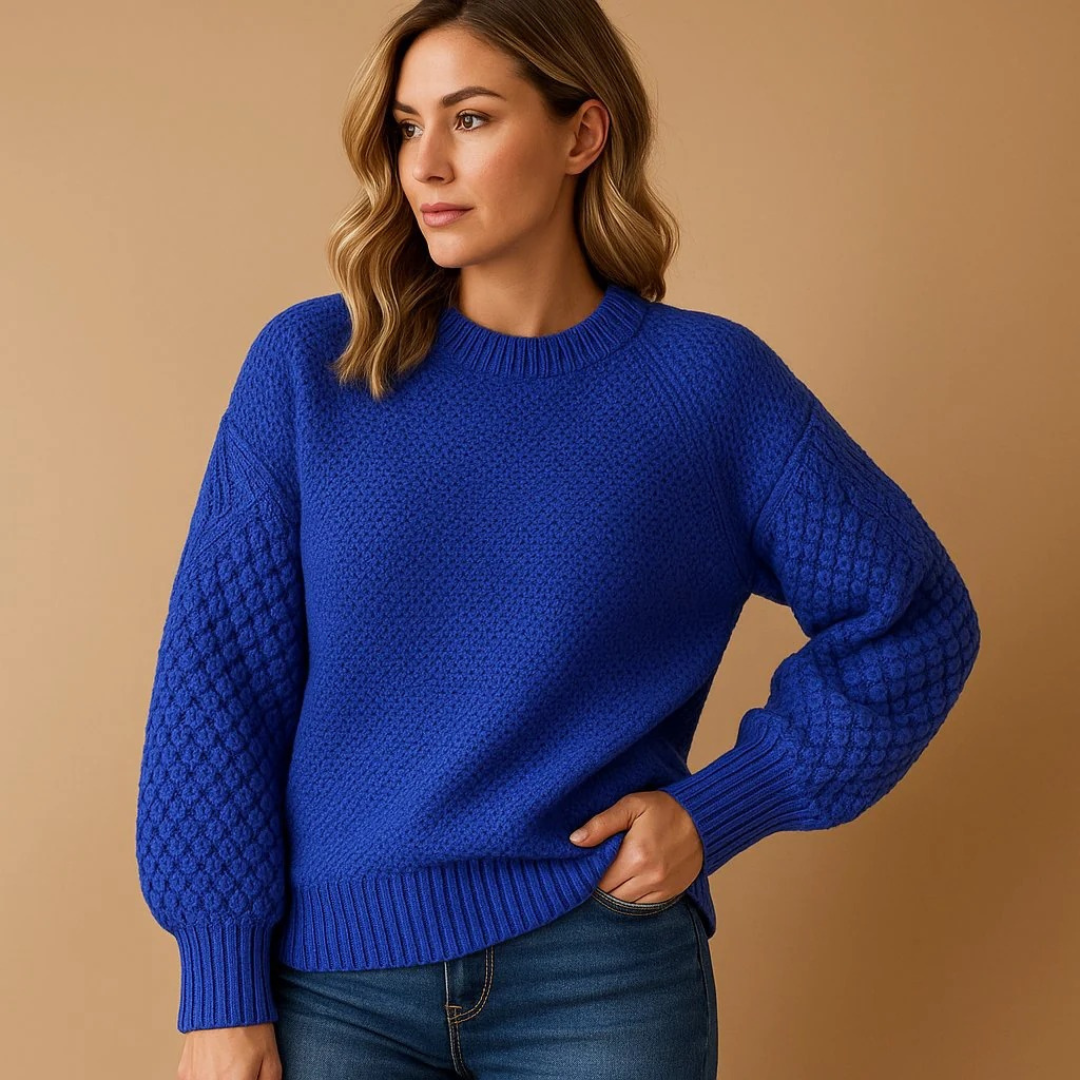 Elise | Women's Textured Knit Sweater – Balloon Sleeve Crew-Neck Style for Autumn and Winter Wear