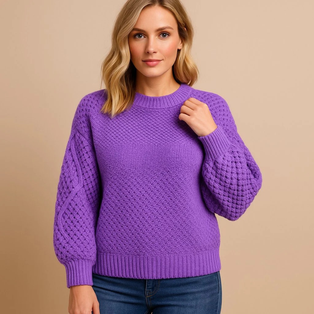 Elise | Women's Textured Knit Sweater – Balloon Sleeve Crew-Neck Style for Autumn and Winter Wear
