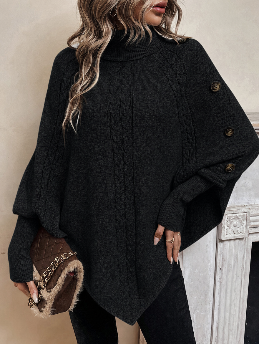 Maxine | High Neck Batwing Poncho Sweater, Asymmetrical Cable Knit Pullover