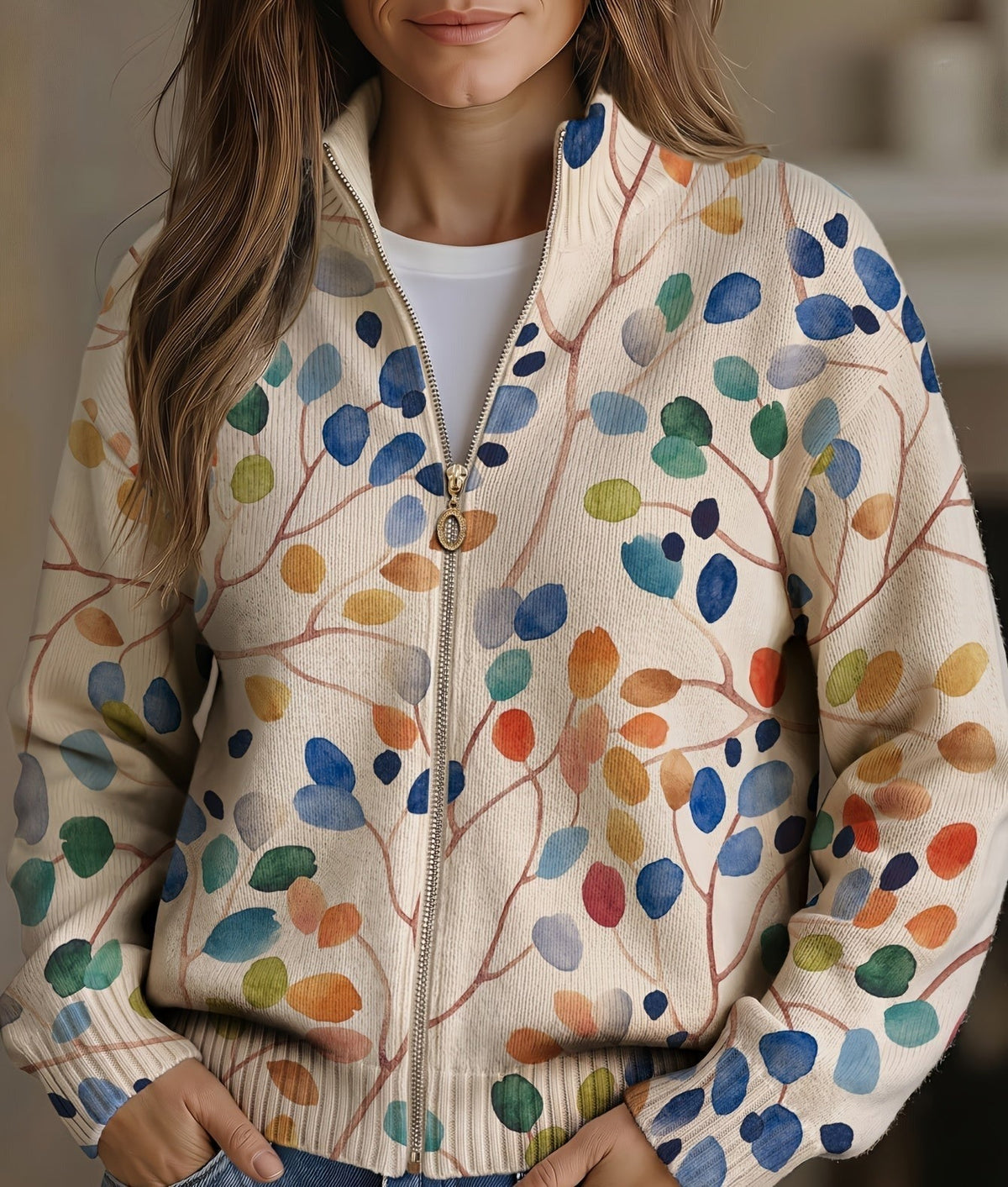 Esther | Botanical Leaf Print Zip Cardigan