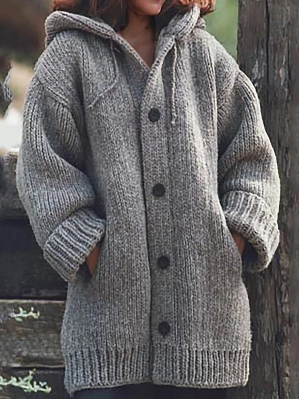 Katherine | Women's Oversized Hooded Knitted Cardigan – Chunky Button-Up Longline Layer with Pockets for Casual Autumn Winter Everyday Wear